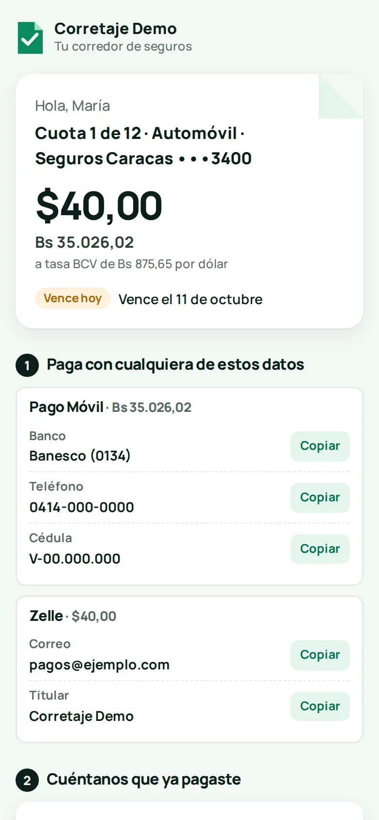 Página de pago que abre el cliente, con el monto en dólares y en bolívares