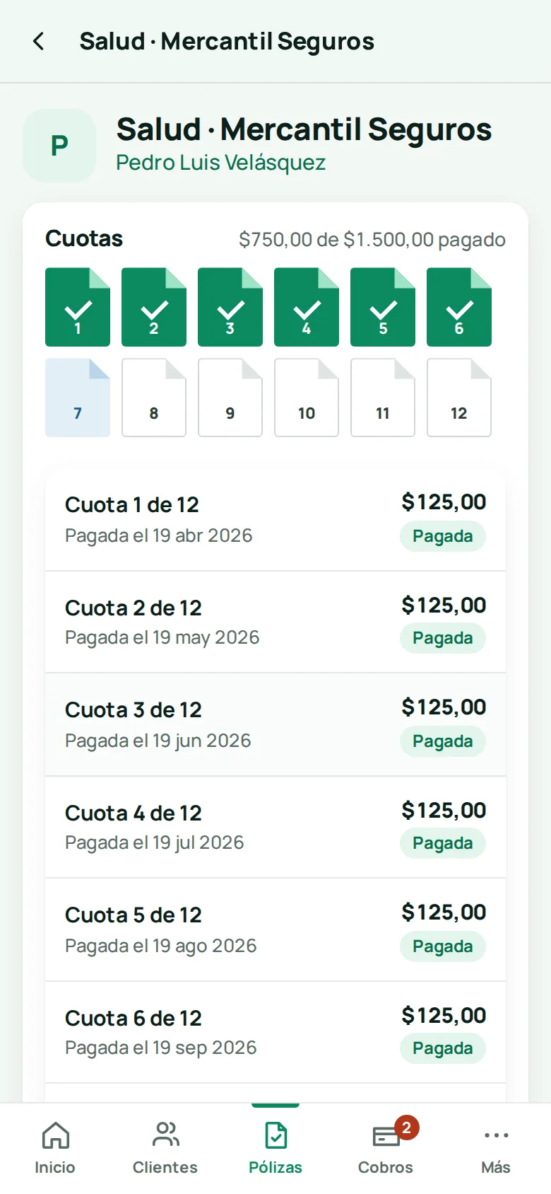 Ficha de una póliza con 6 de 12 cuotas pagadas